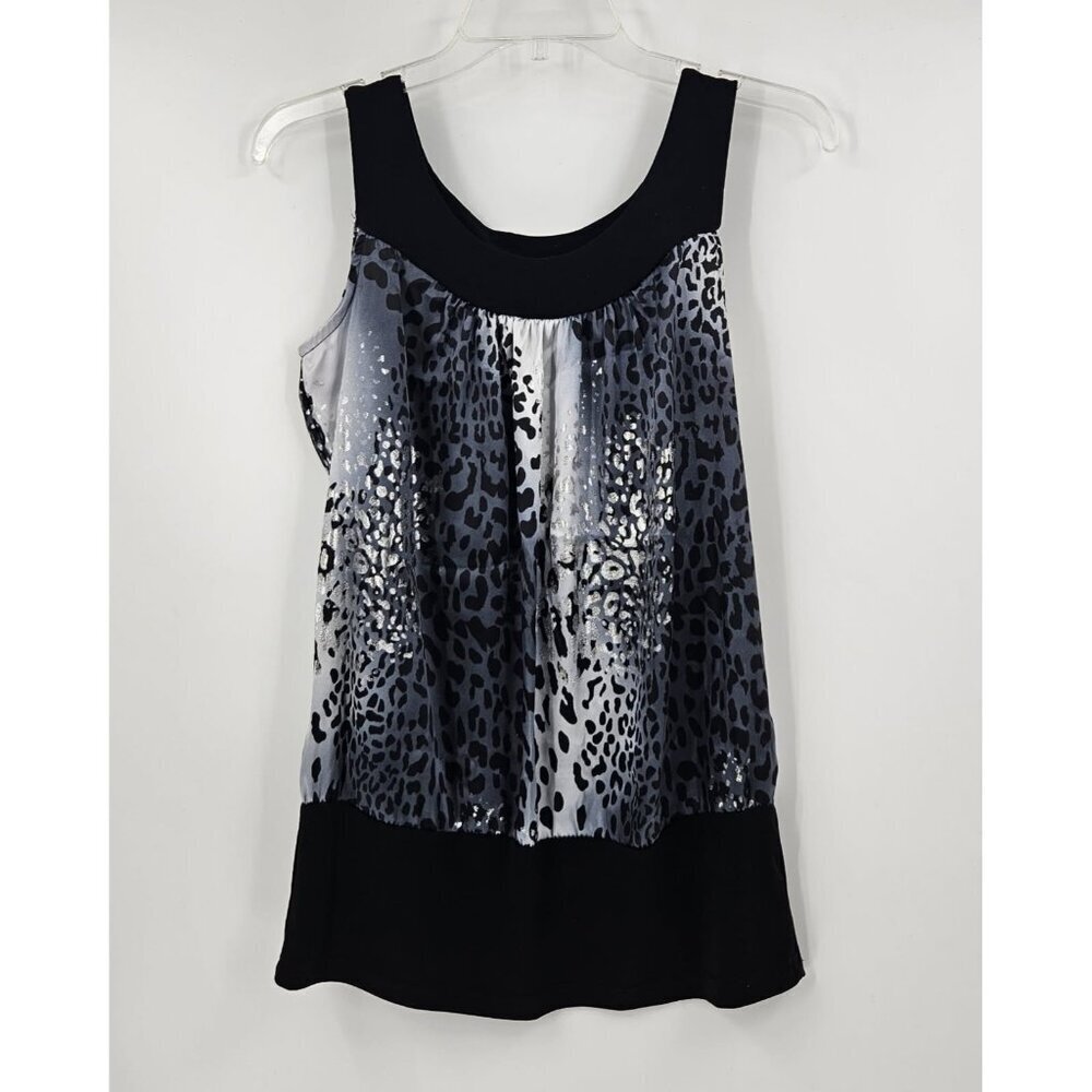BCX Ladies Y2K Animal Print Metallic Black Gray Silver Sleeveless Tunic Top Sz M